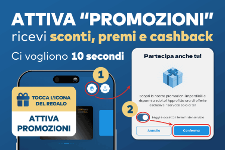 Attiva il Flag Loyalty in 3 passaggi — Tocca l'icona del dono, attiva lo switch Promozioni, premi Conferma